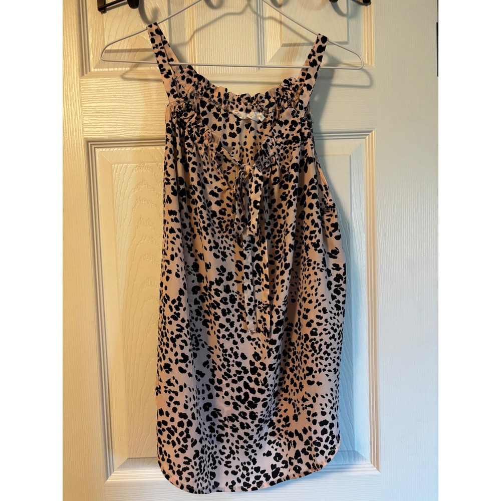 Lush Animal Print‎ Halter Neck Blouse Cream Charcoal Ruffle Tie Top M T16453-047